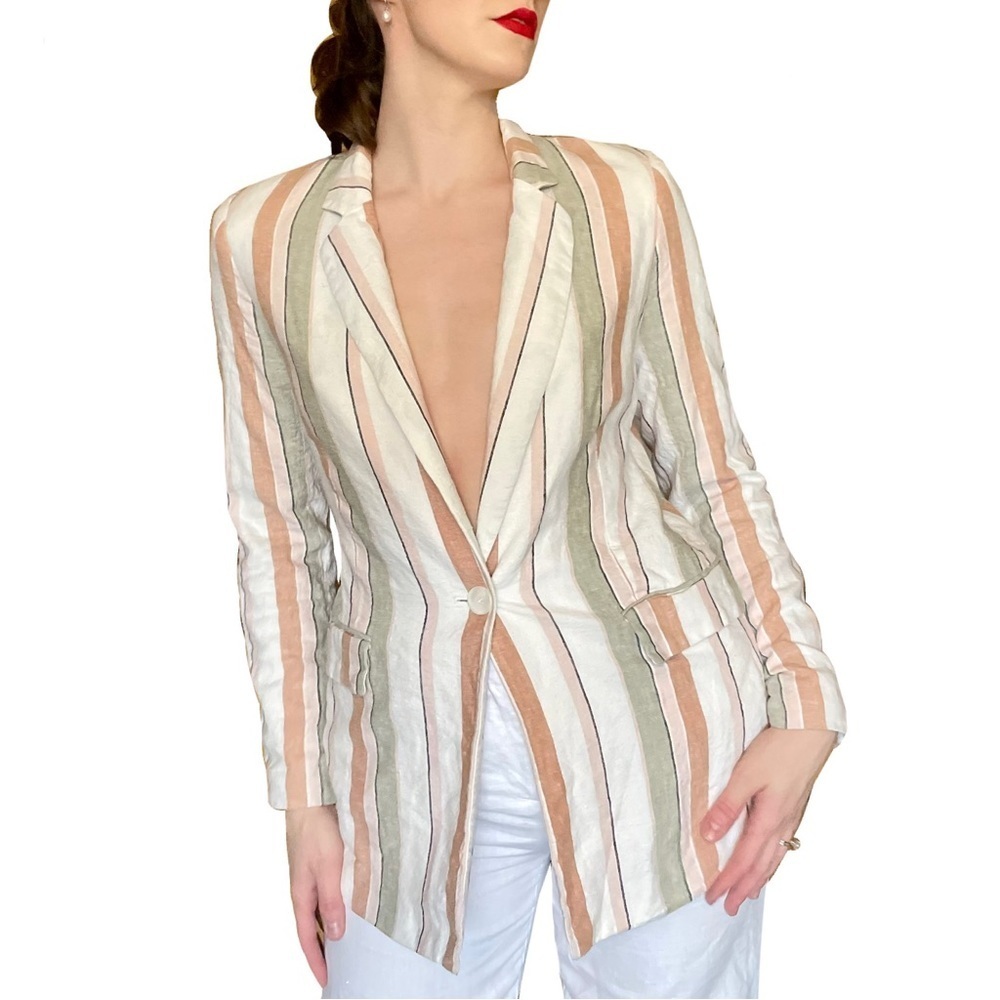 Rachel Zoe Striped Linen Oversized Summer Coastal Resort Blazer Jacket